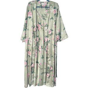 NWT Oscar de la Renta Silky Mint Green Floral  Nightgown & Robe Lingerie Set